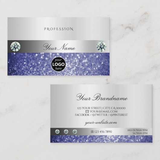 Luxurieblauw glitter met Logo Shimmery Silver Visitekaartje (Voorkant / Achterkant)