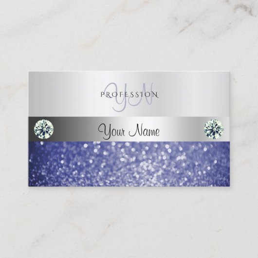 Luxurieblauw Glitter Monogram Shimmery Silver Visitekaartje (Voorkant)