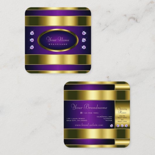 Luxuriegoud en Paars met Faux Diamonds Vierkante Visitekaartje (Voorkant / Achterkant)