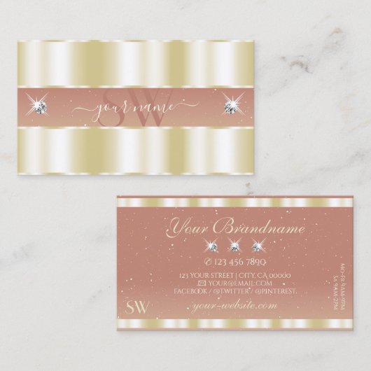 Luxuriegoudkoraal mousserende diamanten monogram visitekaartje (Voorkant / Achterkant)