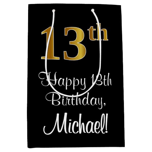 Luxurieus, elegant, Faux Gold Kijk 13e verjaardag Medium Cadeauzakje (Voorkant)