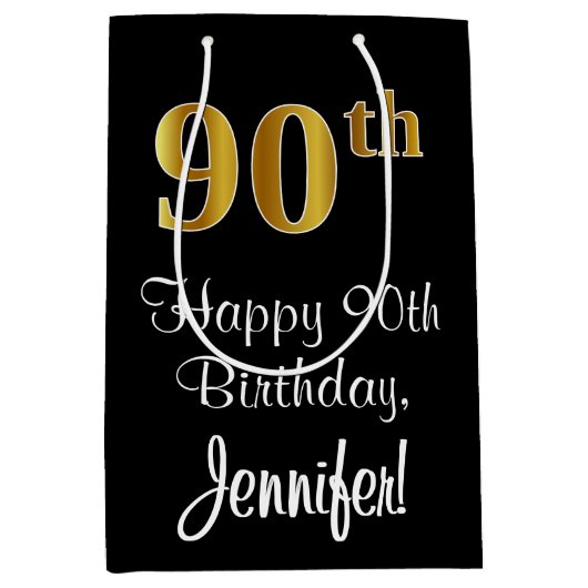 Luxurieus, elegant, Faux Gold Kijk 90th Birthday Medium Cadeauzakje (Voorkant)