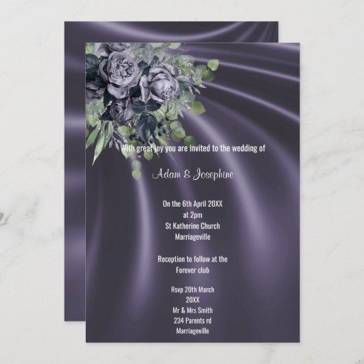 LUXURIEUS PAARS SATIN FLORAAL ELEGANT WEDING KAART (Voorkant / Achterkant)