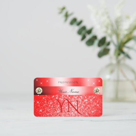 Luxurieus Ruby Red Glitter Sparkle Stars Monogram Visitekaartje (Staand voorkant)