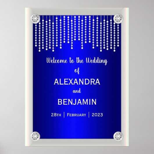 Luxurieuze diamanten en parelblauw huwelijk welkom poster (Voorkant)