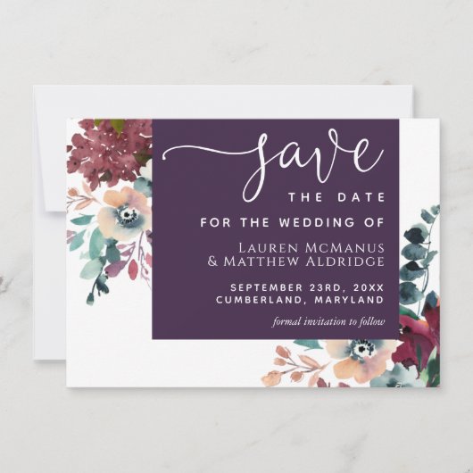 Luxurieuze Eggplant Paarse Floral Save the Date (Voorkant)