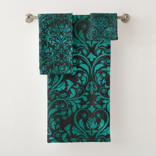LUXURIEUZE EMERALD AQUA PATTERNED TOWEL SET BAD HANDDOEK (Insitu)