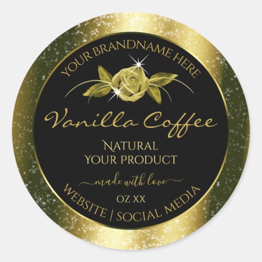 Luxurieuze Gold Glitter Floral Black Product Label (Voorkant)