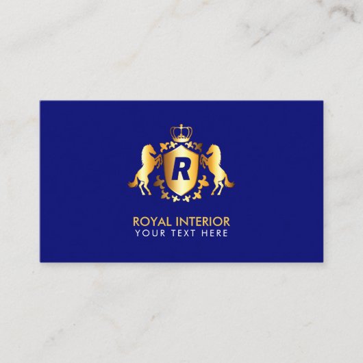 Luxurieuze Gold Royal Emblem | Initiaal op blauw Visitekaartje (Voorkant)