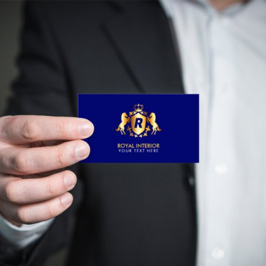 Luxurieuze Gold Royal Emblem | Initiaal op blauw Visitekaartje