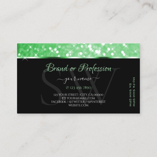 Luxurieuze groene glittersterren en -Initialen Visitekaartje (Achterkant)
