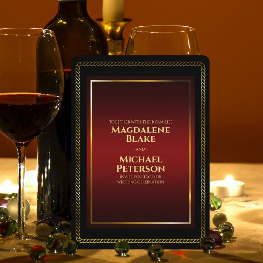 Luxurieuze minimalistische zwarte en rode bruiloft kaart