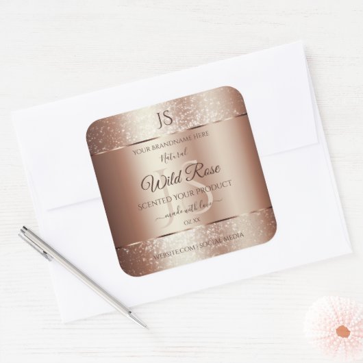 Luxurieuze Rosegold Glitter Monogram Productlabels Vierkante Sticker (Envelop)
