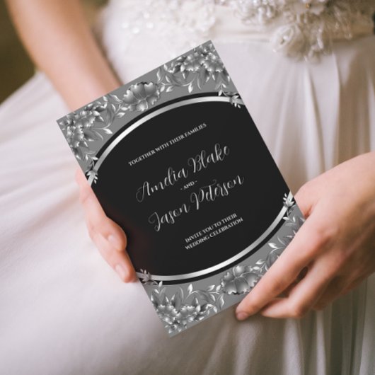 Luxurieuze Silver Carving Foliage Wedding Invitati Kaart