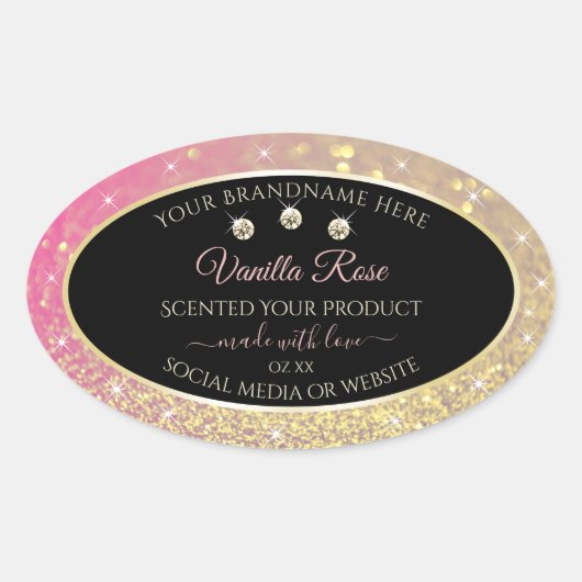 Luxurieuze zwarte roze goudkleurige productlabels ovale sticker (Voorkant)