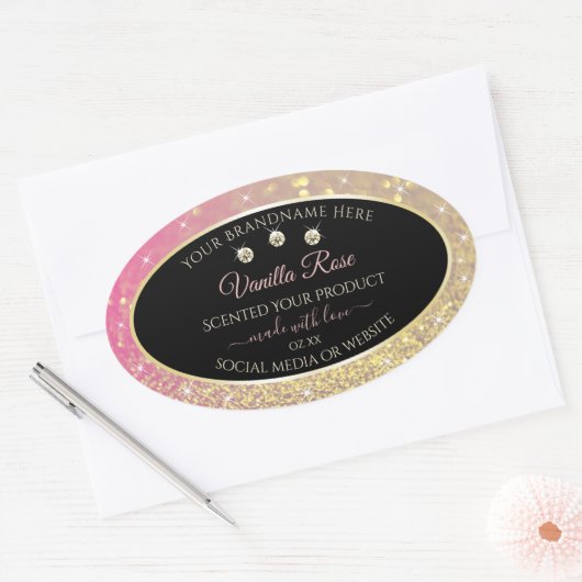 Luxurieuze zwarte roze goudkleurige productlabels ovale sticker (Envelop)