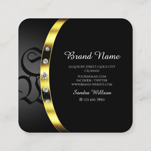 Luxuriezwart en goud met Monogram Diamonds Vierkante Visitekaartje (Achterkant)
