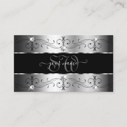 Luxuriezwart en zilver  grensmonogram visitekaartje (Voorkant)