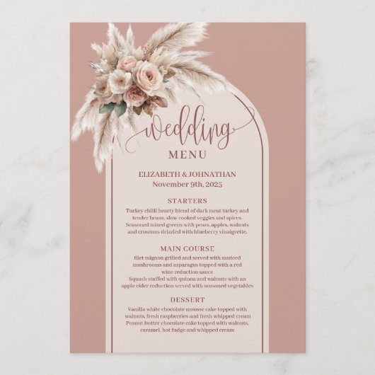 Luxurious Arch Dusty Pink Pampas Floral Wedding  Menu (Voorkant)