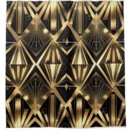 Luxurious Art Deco Geometric Gold and Black Douchegordijn