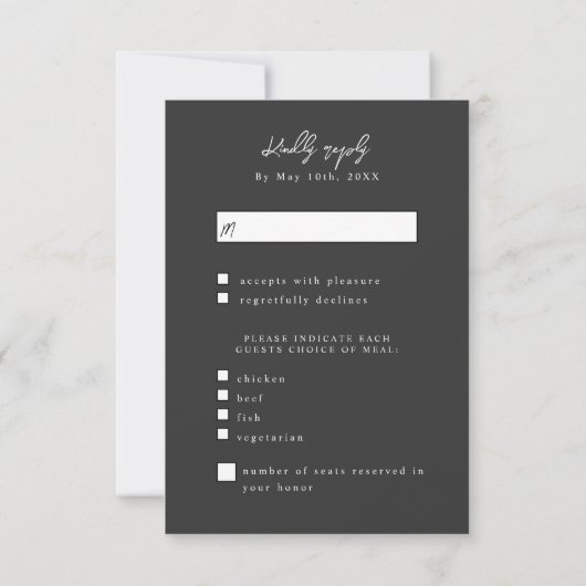 Luxurious black satin wedding meal choices RSVP (Achterkant)