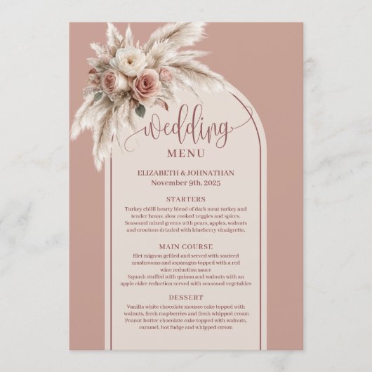 Luxurious Boho Dusty Rose Pampas Floral Wedding Menu (Voorkant)