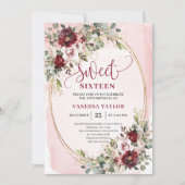 Luxurious Burgundy Blush Floral Sweet Sixteen Card Kaart (Voorkant)