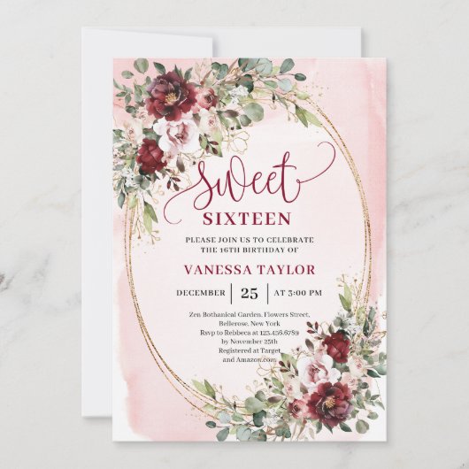 Luxurious Burgundy Blush Floral Sweet Sixteen Card Kaart (Voorkant)