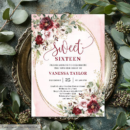 Luxurious Burgundy Blush Floral Sweet Sixteen Card Kaart