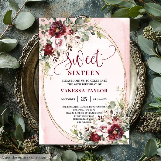 Luxurious Burgundy Blush Floral Sweet Sixteen Card Kaart
