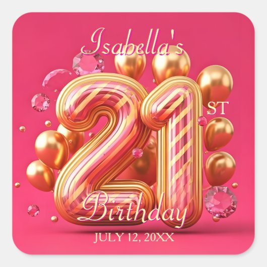 Luxurious Chic Gold and Pink 21st Birthday Vierkante Sticker (Voorkant)