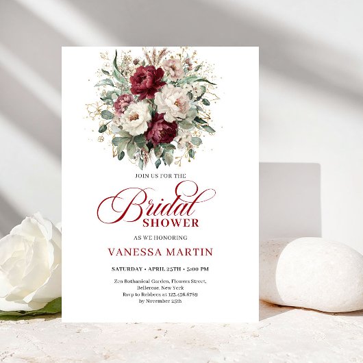 Luxurious Deep Red Gold Bridal Shower Invitation Kaart