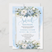 Luxurious Dusty Blue White Gold Flowers Sweet 16  Kaart (Voorkant)