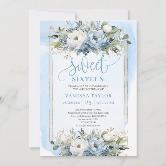 Luxurious Dusty Blue White Gold Flowers Sweet 16  Kaart (Voorkant)