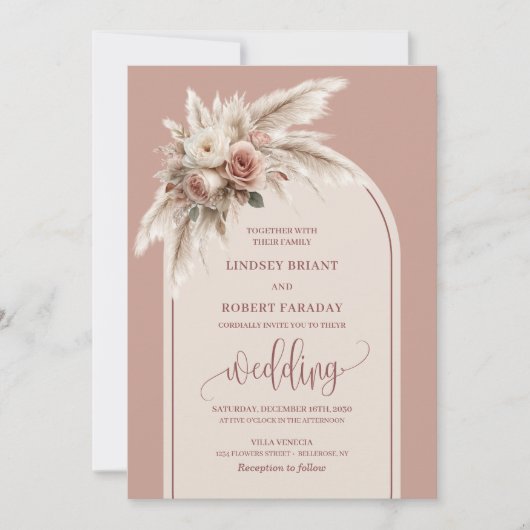 Luxurious Dusty Pink Pampas Flowers Wedding Invite Kaart (Voorkant)