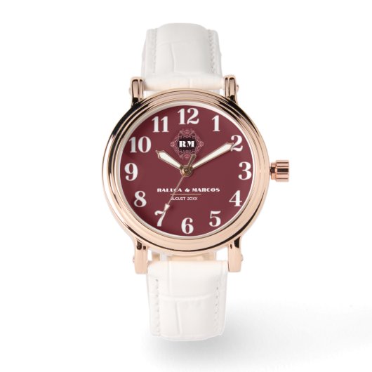 Luxurious Elegant Floral Monogram burgundy  Horloge (Voorkant)