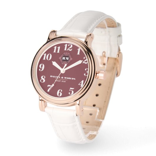  Luxurious Elegant Floral Monogram burgundy  Horloge (Hoek)