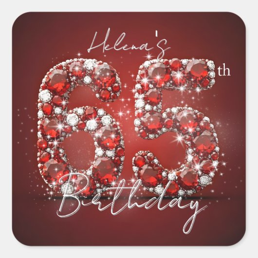 Luxurious Elegant Ruby Red Diamonds 65th Birthday Vierkante Sticker (Voorkant)