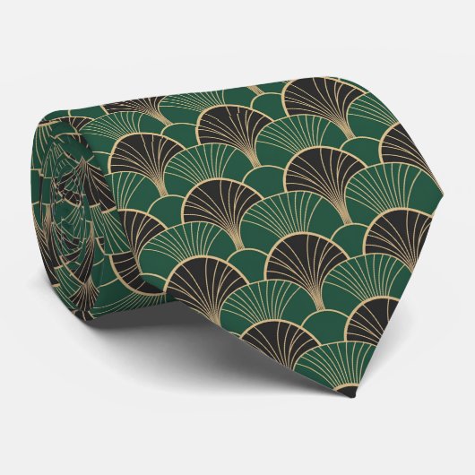 Luxurious Emerald Green & Gold Art Deco Geometric  Stropdas (Opgerold)