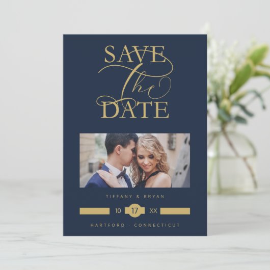 Luxurious Fancy Blue Marine Photo Gold Script Save The Date (Staand voorkant)