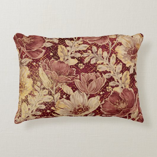 Luxurious Flowers,Gold Maroon, Elegant Beautiful Accent Kussen (Voorkant)