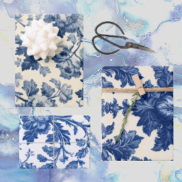 Luxurious French Toile Dreamy Blue Engraved Floral Inpakpapier Vel