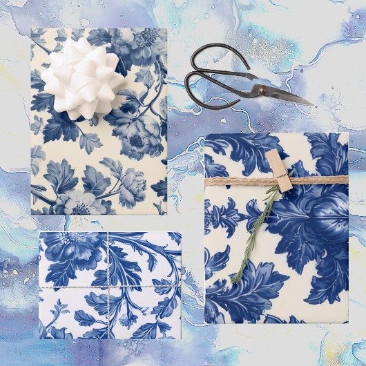 Luxurious French Toile Dreamy Blue Engraved Floral Inpakpapier Vel
