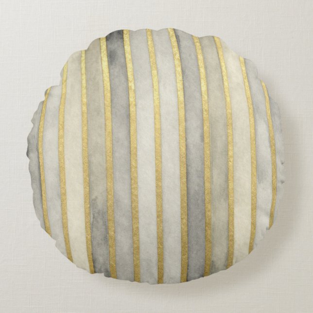 Luxurious, Gold Beigi Grey Stripes,Elegant, Modern Rond Kussen (Voorkant)