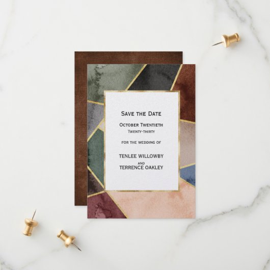Luxurious Gold Geometric Blue Green Brown Wedding Save The Date (Voorkant / Achterkant in situ)