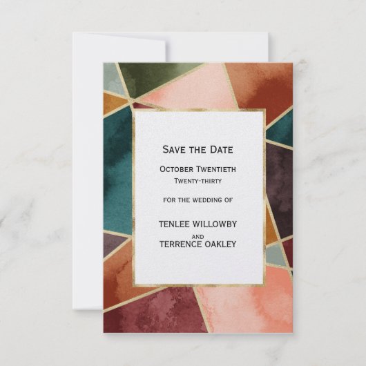 Luxurious Gold Geometric Purple Teal Rust Wedding Save The Date (Voorkant)