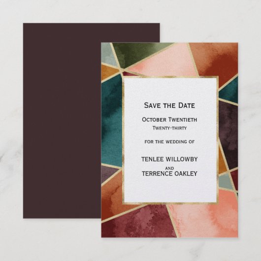 Luxurious Gold Geometric Purple Teal Rust Wedding Save The Date (Voorkant / Achterkant)