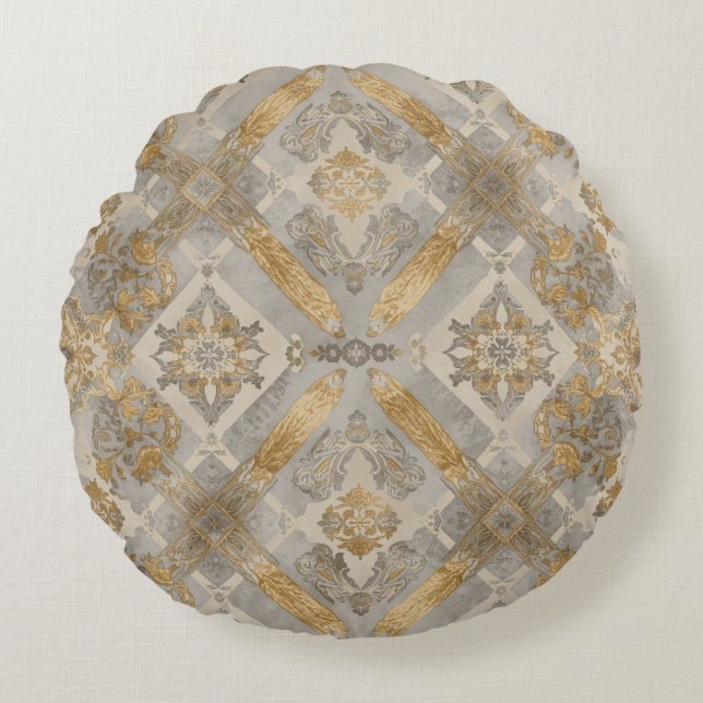 Luxurious, Gold Grey Beigi Ornament , Elegant Rond Kussen (Voorkant)