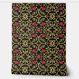 Luxurious gold leafed red rosette design behang