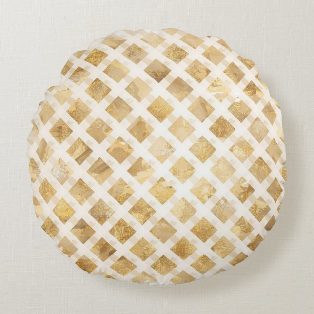 Luxurious, Gold White Lattice Pattern, Crisscross Rond Kussen (Voorkant)